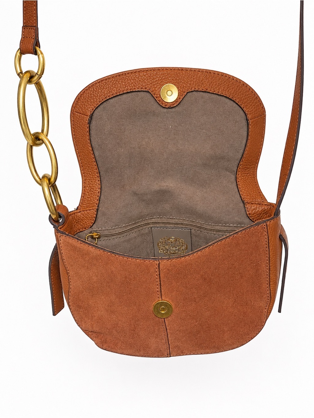 Vince Camuto Brown Genuine Leather & Suede Crossbody Bag Brass Hardware - Picture 9 of 10